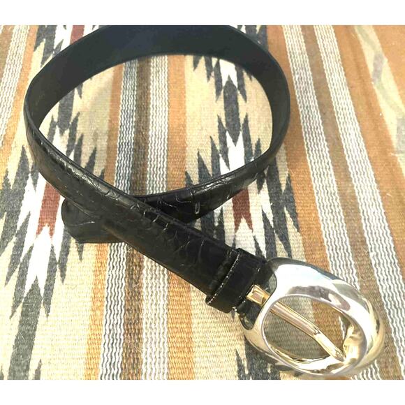 Vintage Black Alligator Grain Steerhide Leather Belt USA Gold Metal Buckle Sz S main image 7